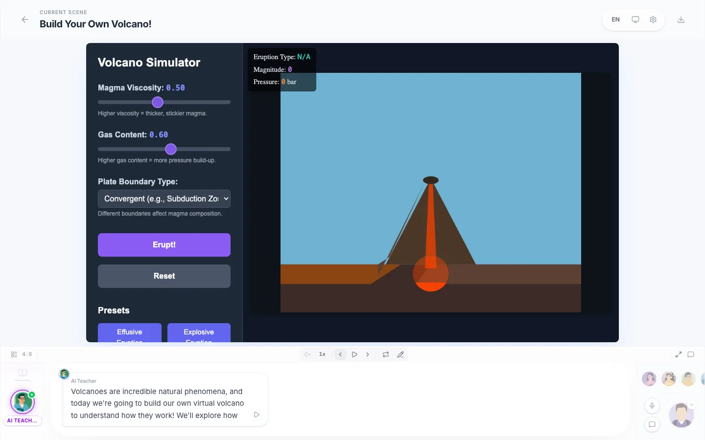 Interactive volcano simulator scene